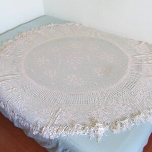 Antique White Victorian heavy silk round table cover with tassels 58 inch